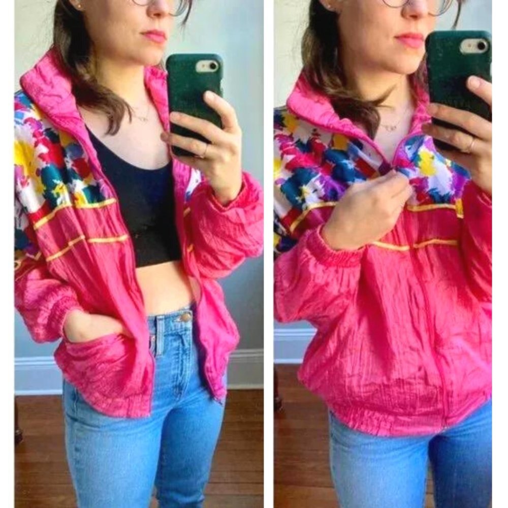 Vintage 90s Pink Streetwear Abstract Graphic Windbreaker Puffer Jacket S